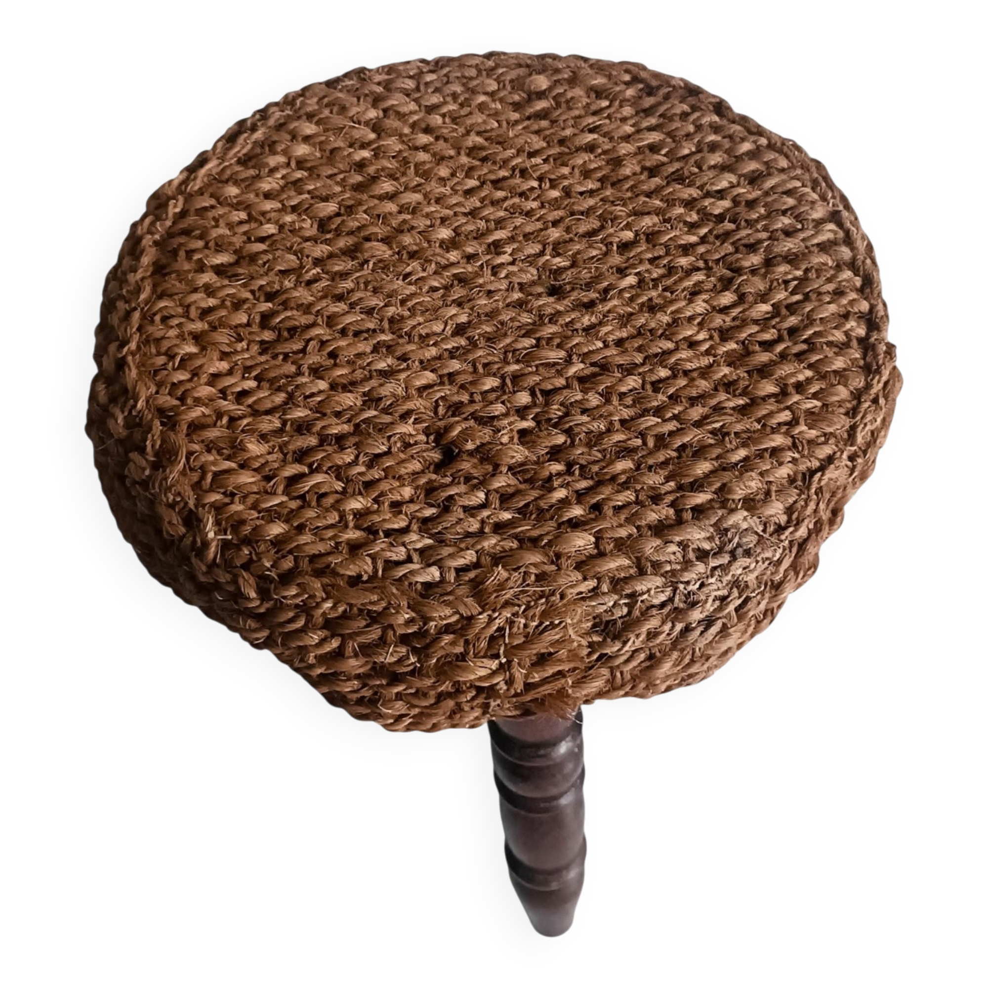 Rustic French Wood & Natural Fiber Stool/ Accent Table, Audoux-Minet Style