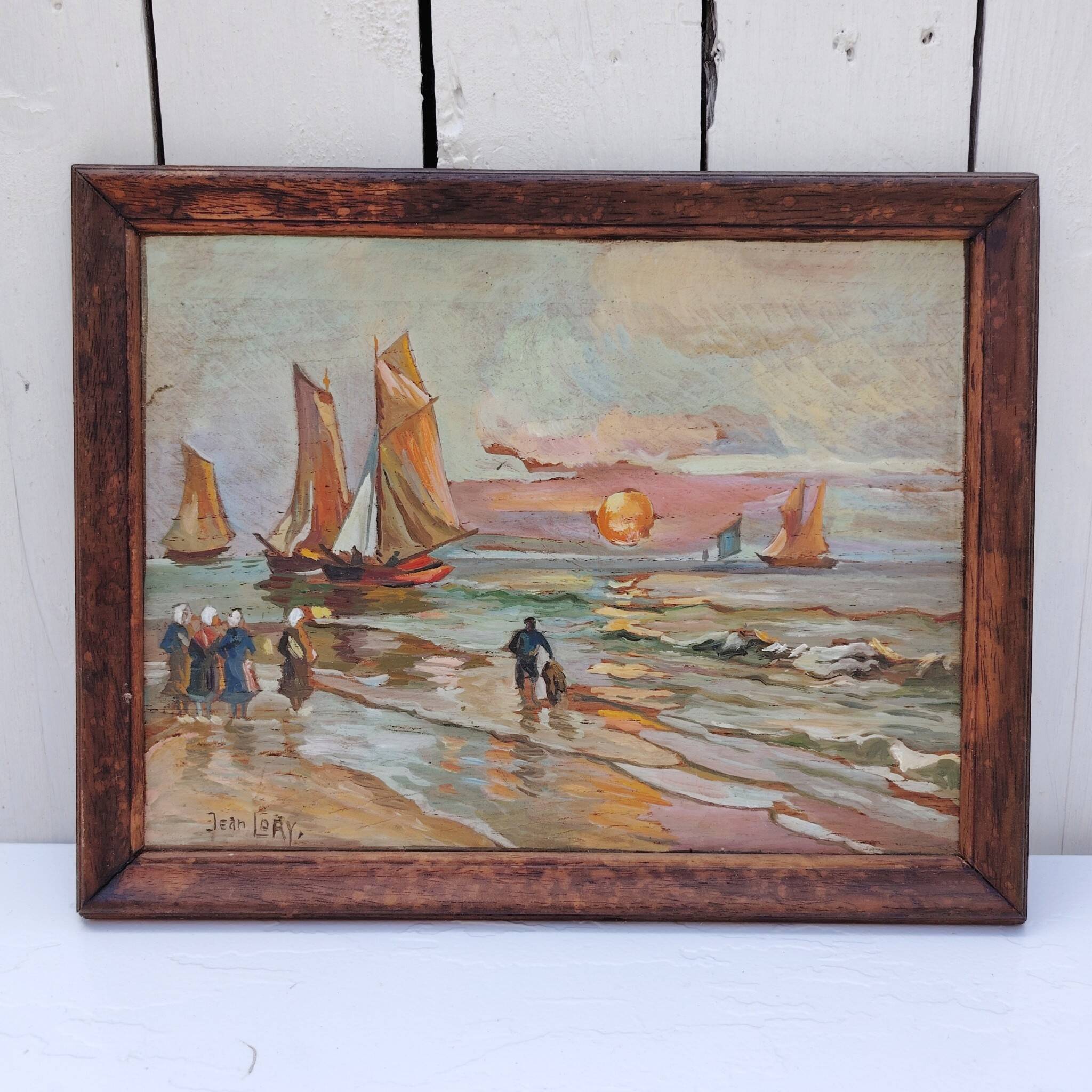 Gouache on panel, return from fishing, Jean Lory