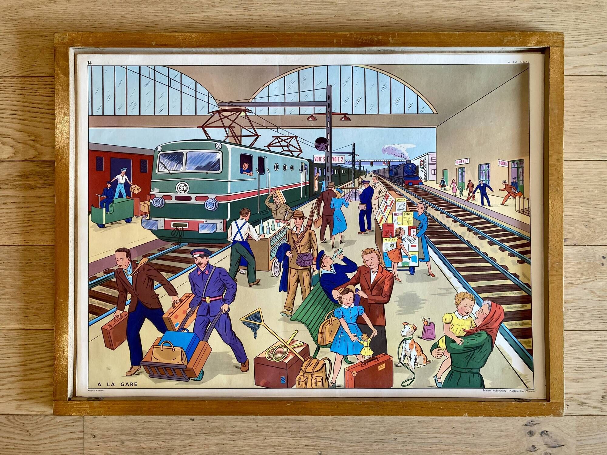 Educational poster Rossignol vintage 60s - at the mechanic and at the station