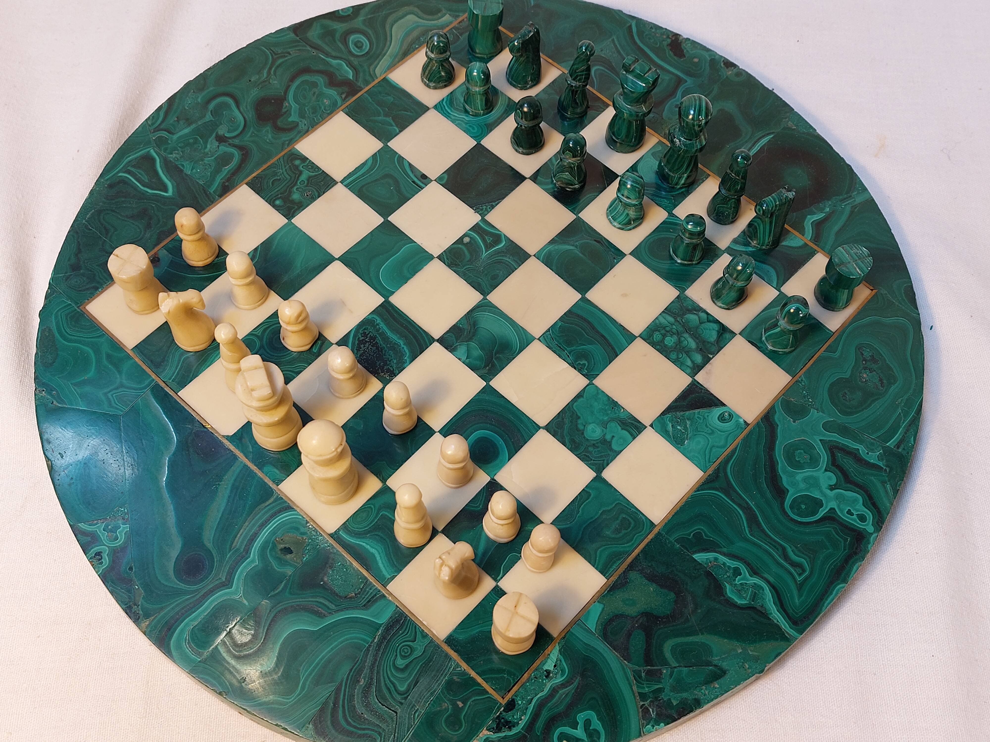 Vintage Complete Chess Set in Malachite and White Stone