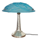 Art Deco table lamp, hammered metal base, glass shade, Degué, France, 1920-30s