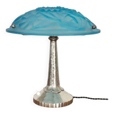 Art Deco table lamp, hammered metal base, glass shade, Degué, France, 1920-30s