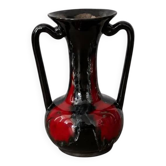 Vase vintage en céramique émaillée goutte | Amphore flambée noire et rouge | Vase en poterie Mid-Century à deux anses