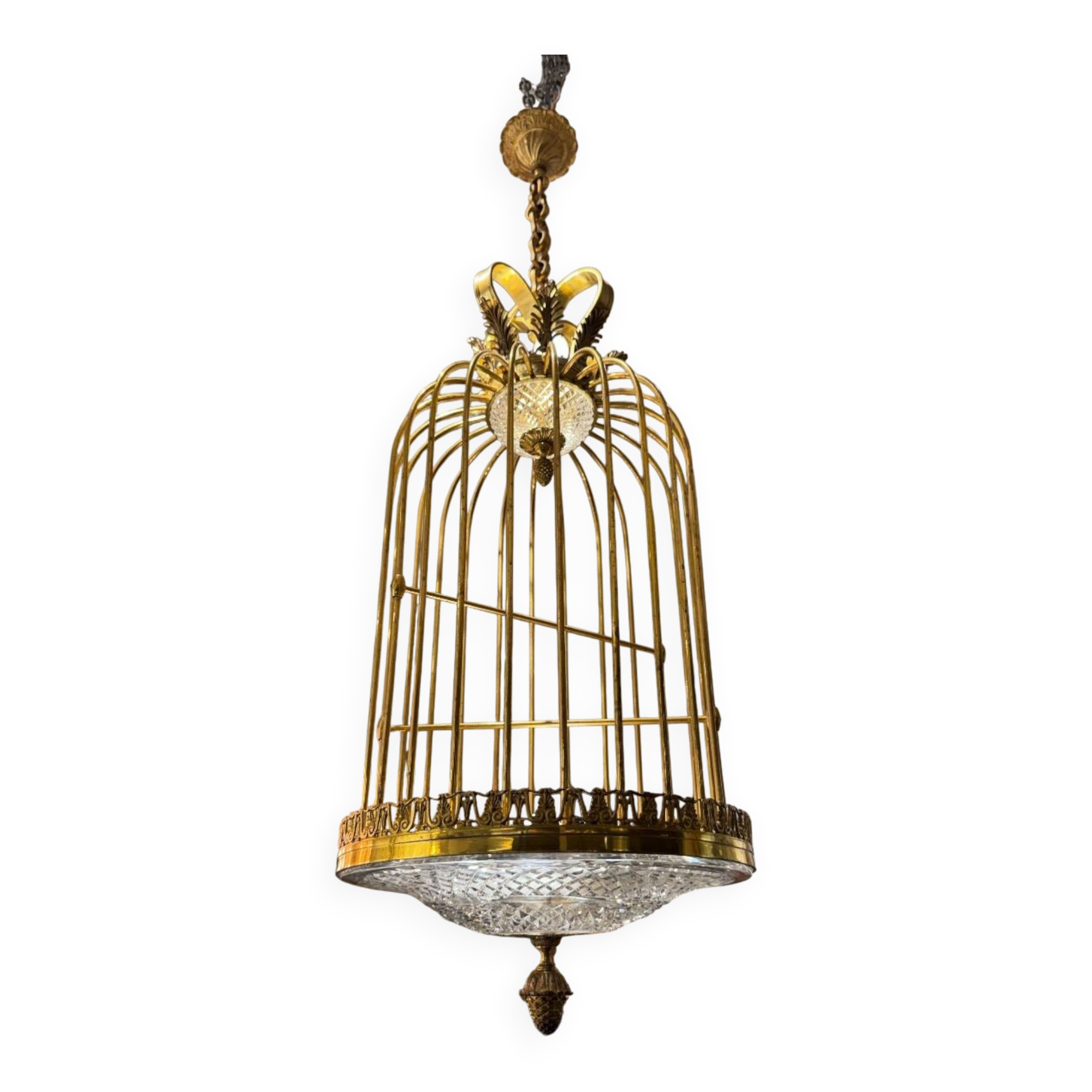 Lustre cage en cristal et bronze vers 1900