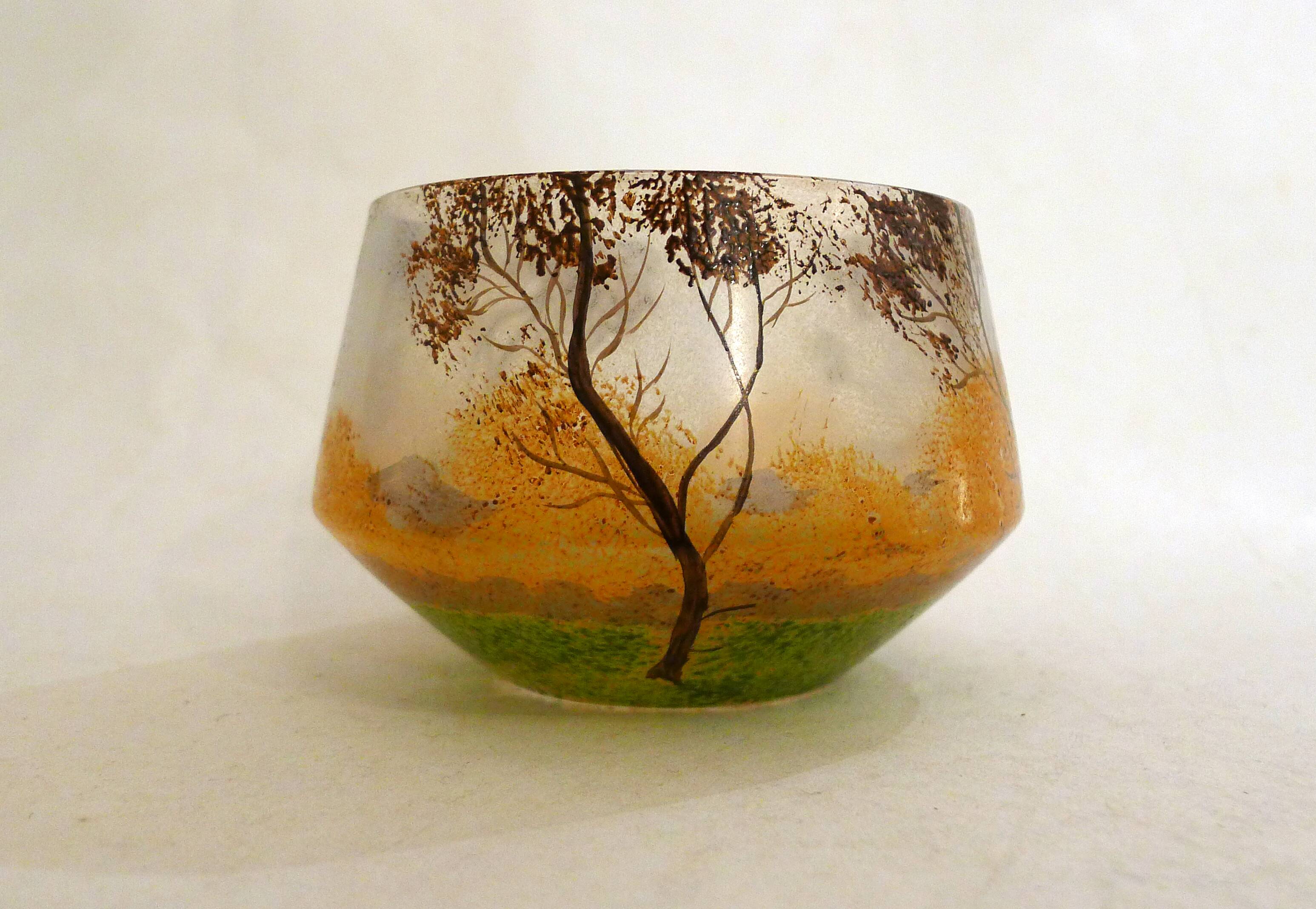 Small Art Nouveau enameled landscape vase/pot