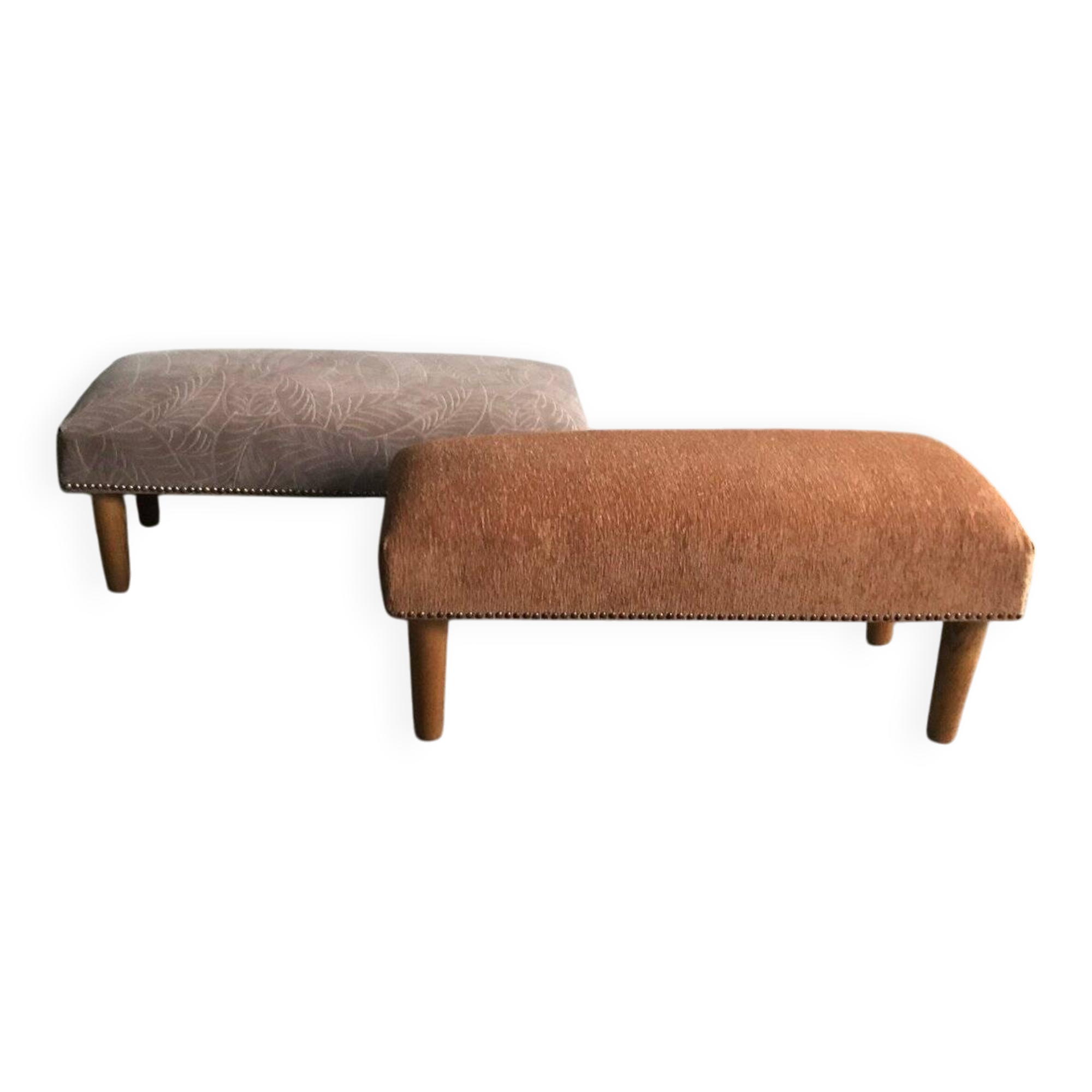 Pair of brown and white solid beech ottomans with contrasting fabrics - 1960s