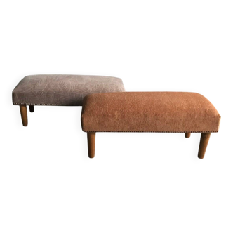 Pair of brown and white solid beech ottomans with contrasting fabrics - 1960s