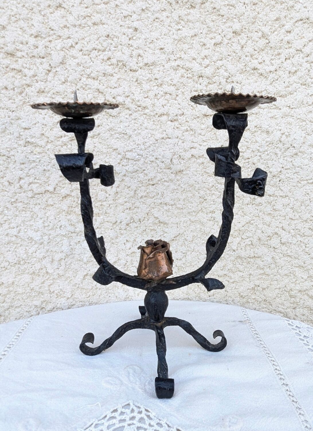 Brutalist Antique Wrought Iron Chandelier Floral Naturalist Candle Holder