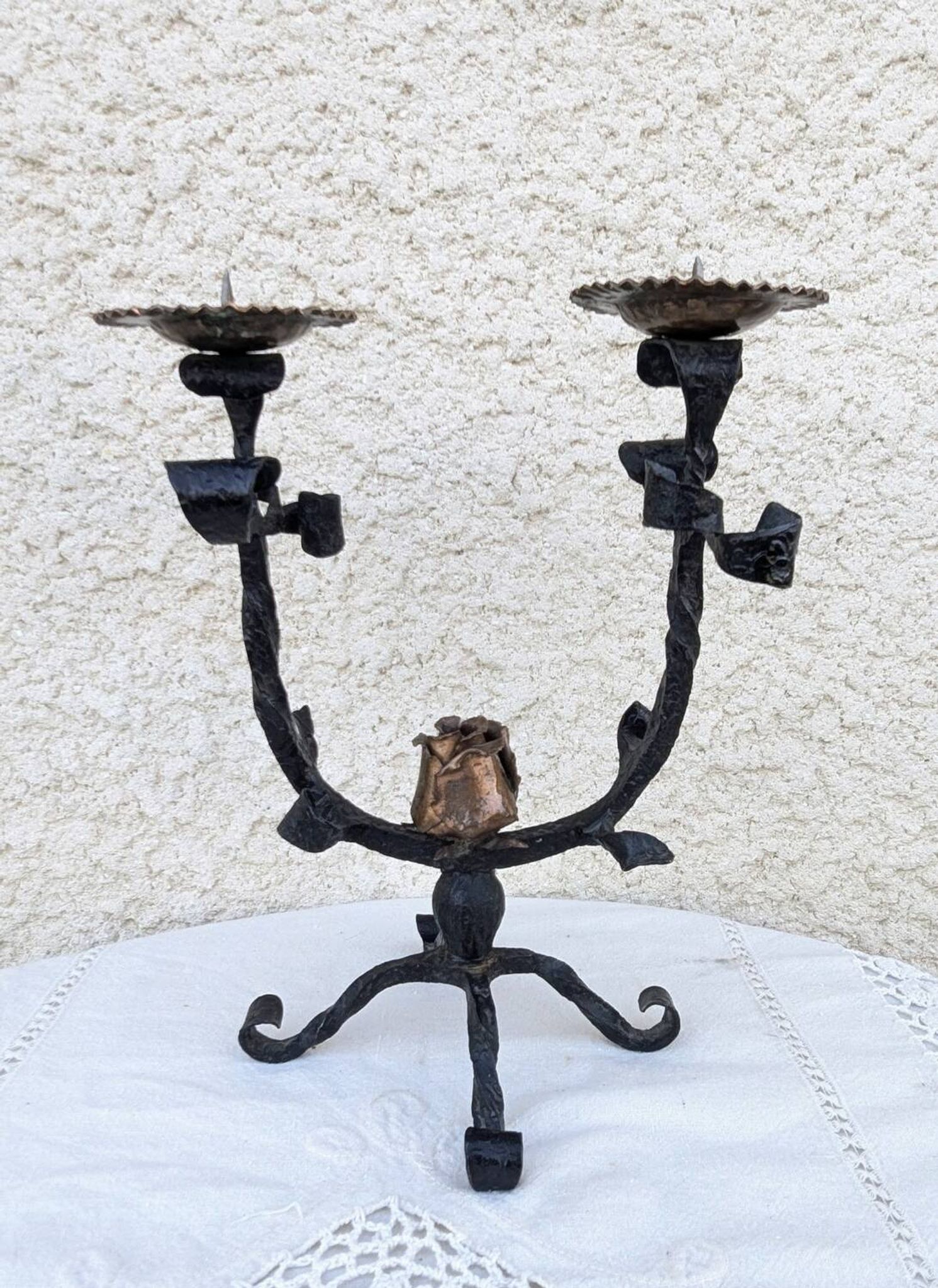 Brutalist Antique Wrought Iron Chandelier Floral Naturalist Candle Holder