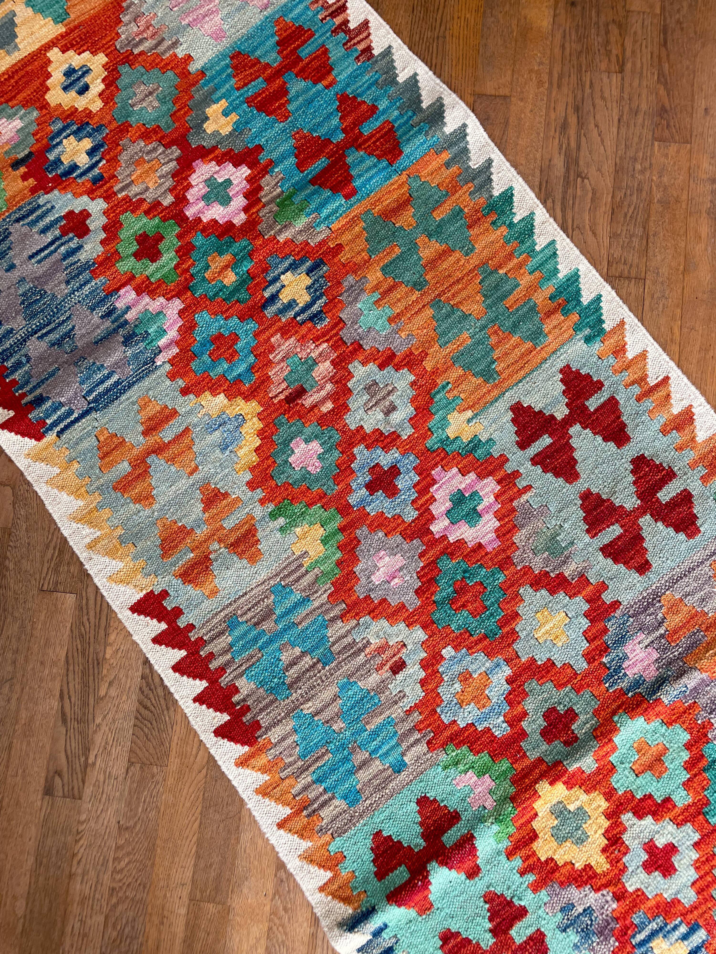 Afghan hallway kilim carpet colored red orange multicolor