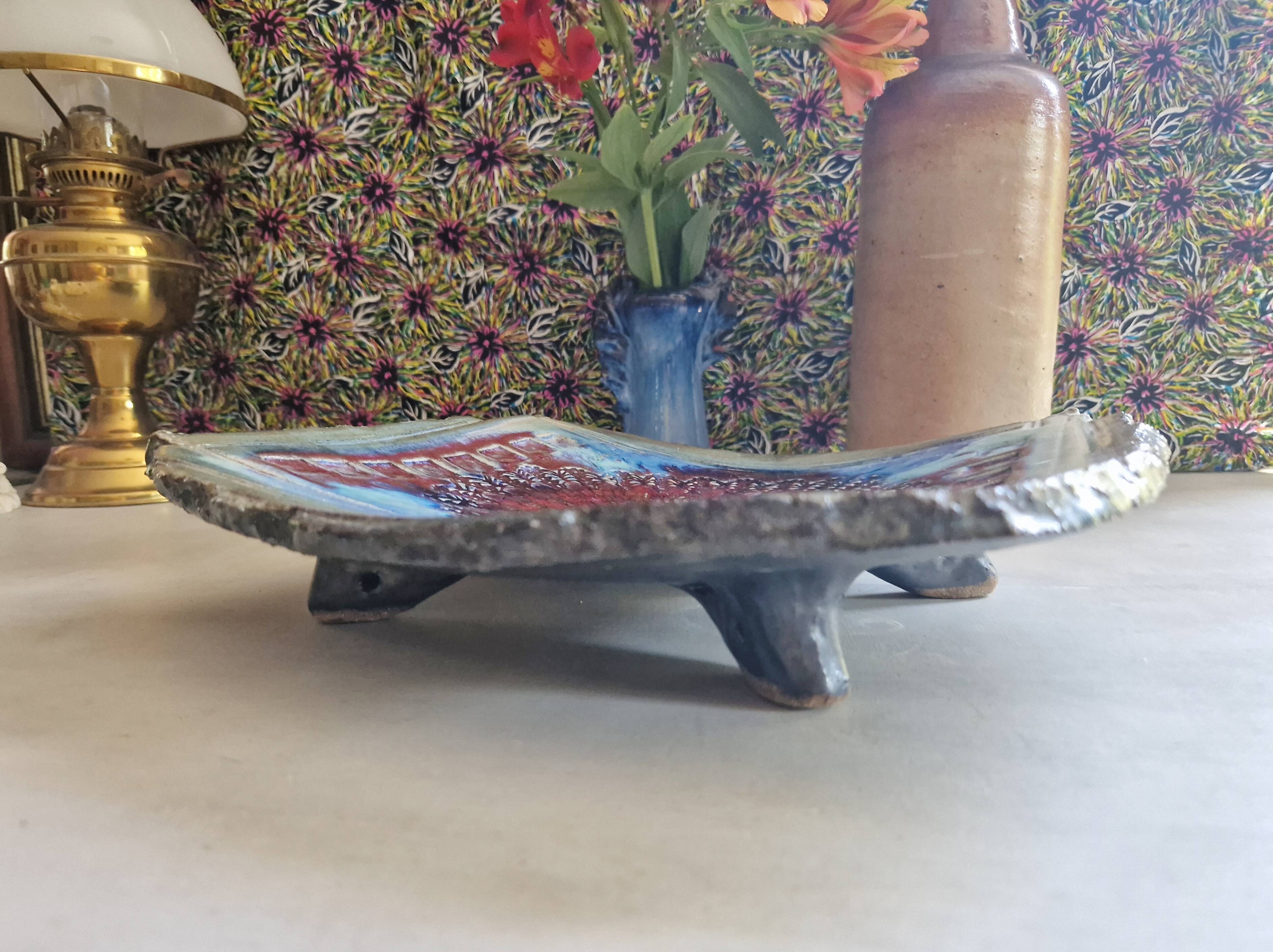 Dish on feet or storage compartment in enameled stoneware signed gerard tridot france