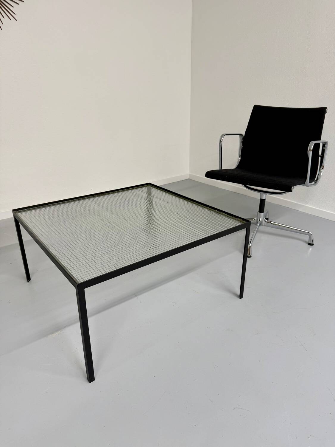 Old coffee table in metal and checkered glass from the 50s