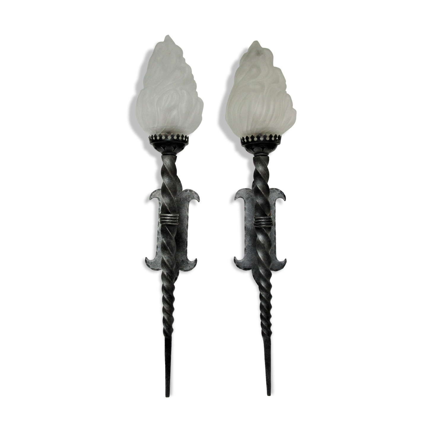 Pair of wall lamps torch glass flame and metal early XXth