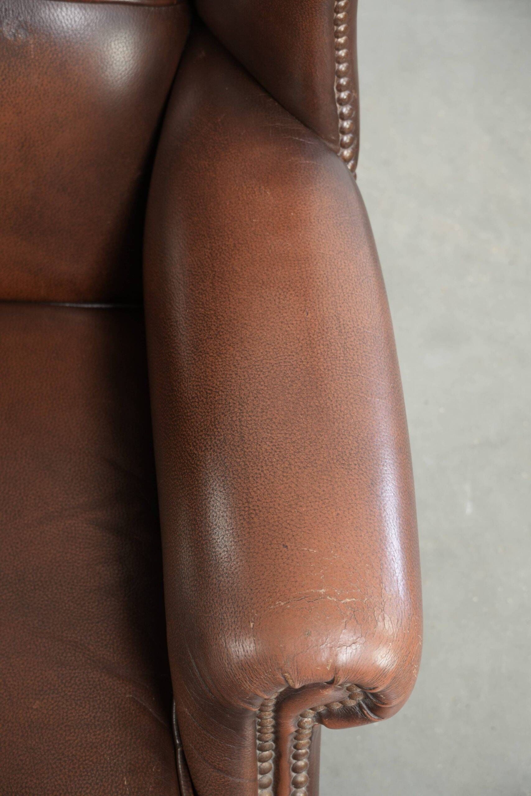 Comfortable cowhide wingback armchair in English style with a timeless look