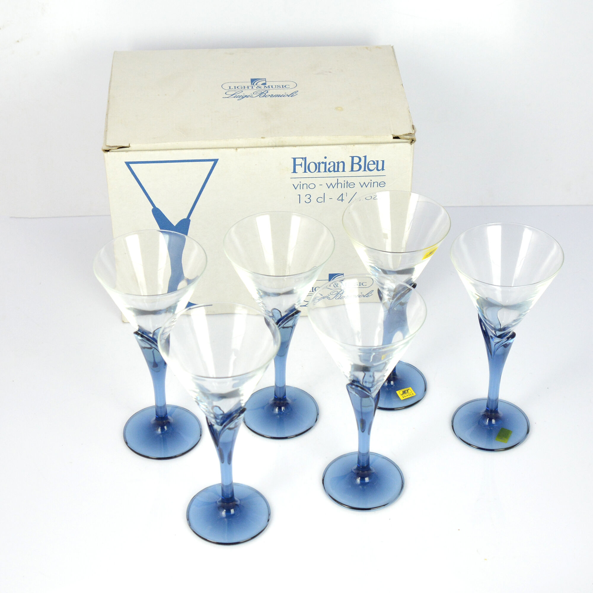 6 crystal glasses Florian Blue Light & Music by Luigi Bormioli, Italy of the 1980s