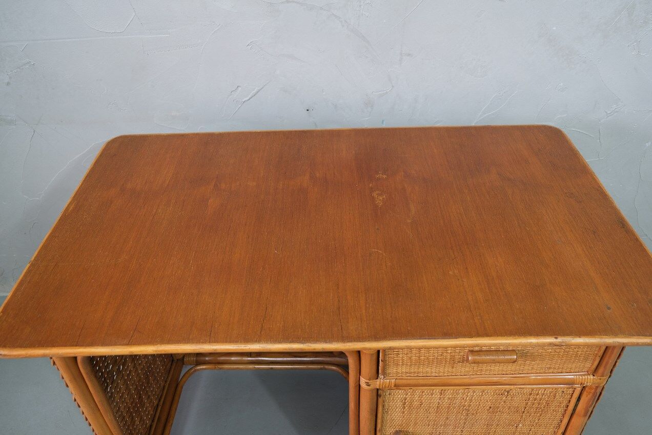 Mid-century italian bamboo, rattan and teak desk, 1960s