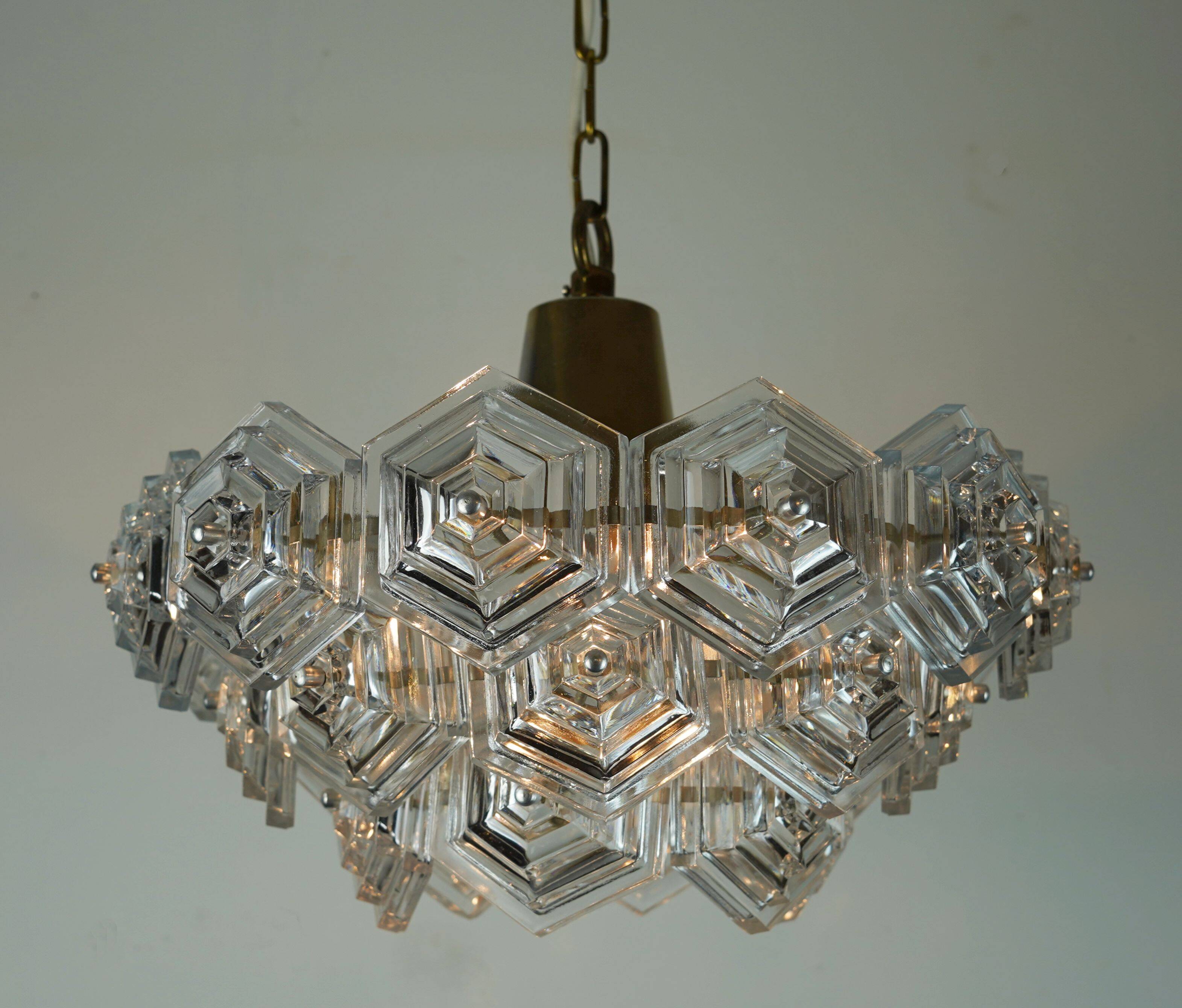 3-tier mid century pendant light with 27 hexagonal glass panels 1960s 70s