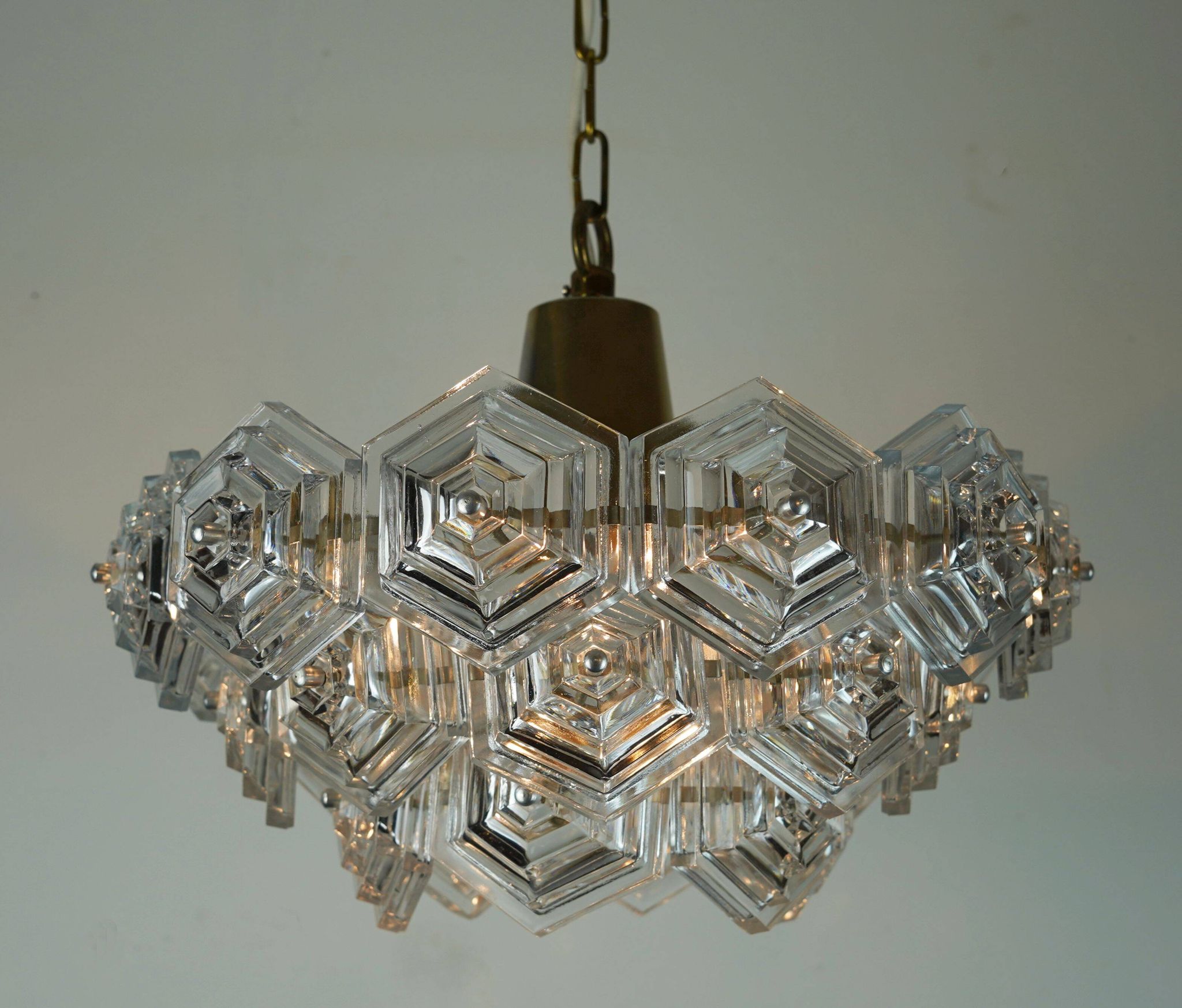 3-tier mid century pendant light with 27 hexagonal glass panels 1960s 70s