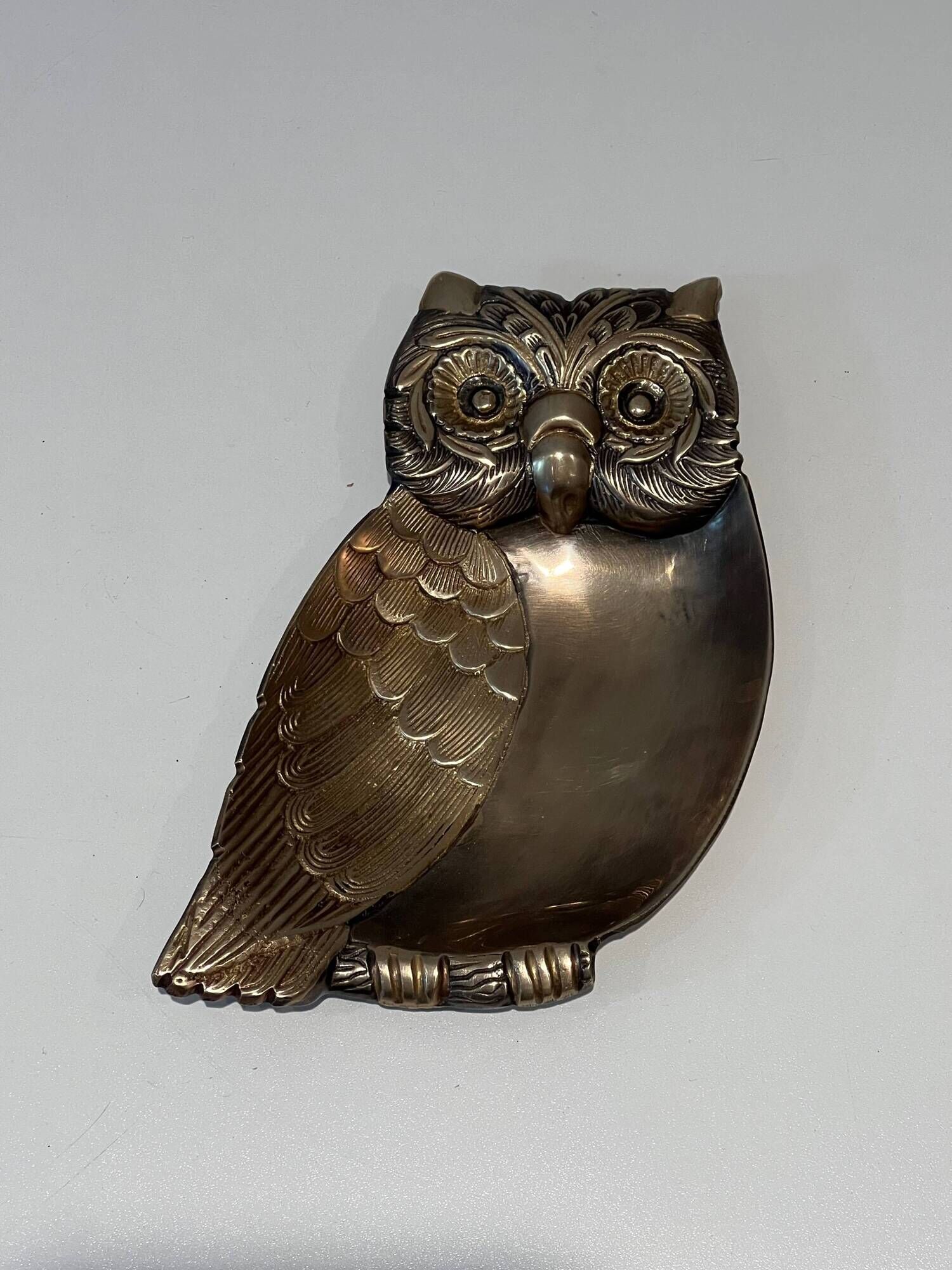 Brass Owl Catchall with Chiseled Feather Decoration. Italian Work in the