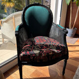Louis XVI armchair with caning and dark green velvet