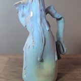 Brutalist jug numbered 52 in turquoise and blue painted terracotta