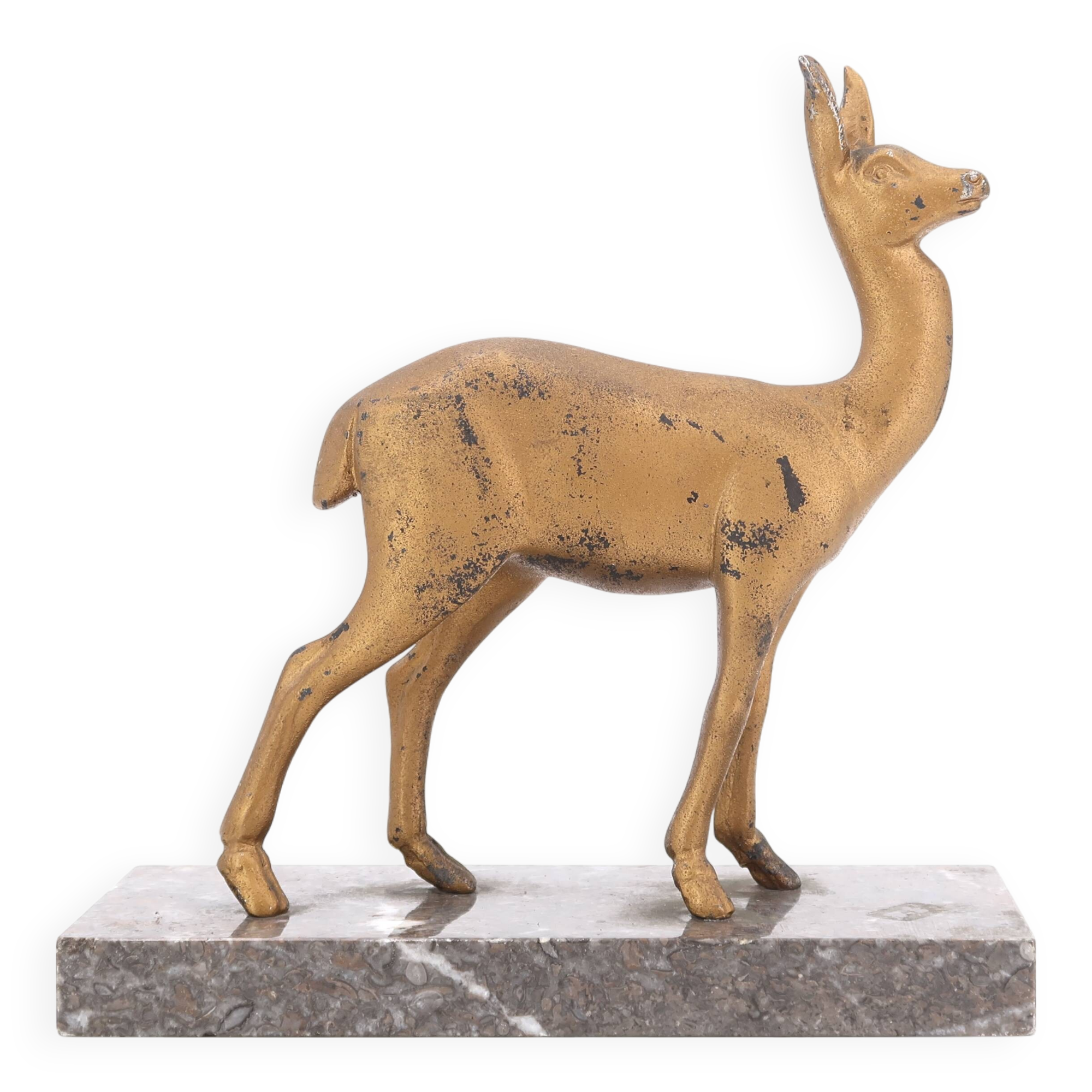 Art Deco gilded doe sculpture on marble base
