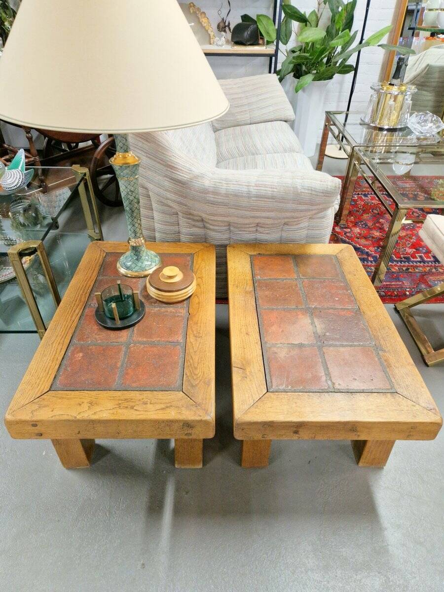 Brutalist Oak Side Table with Terracotta Tiles, 1950s, Set of 2