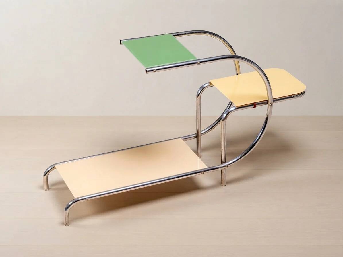 Stand de fleurs vintage par Emile Guyot, acier chromé Bauhaus avec verre coloré, milieu du 20e siècle, Tchécoslovaquie, 79 × 30 x 105 cm