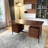 Vintage modernist desk in wood and black with 6 drawers