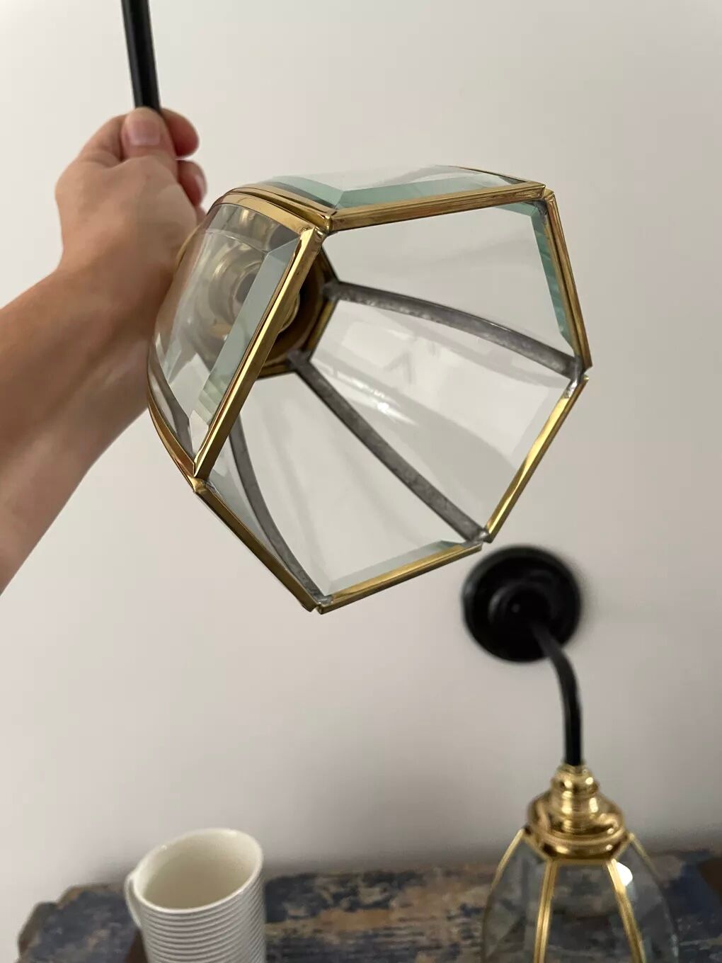 Pair of vintage glass and brass sconces electrified to nine