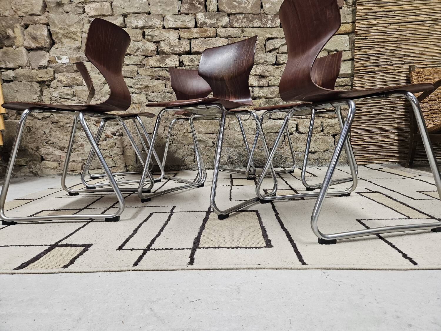 Set of 6 Flötotto pagwood stackable chairs 1960