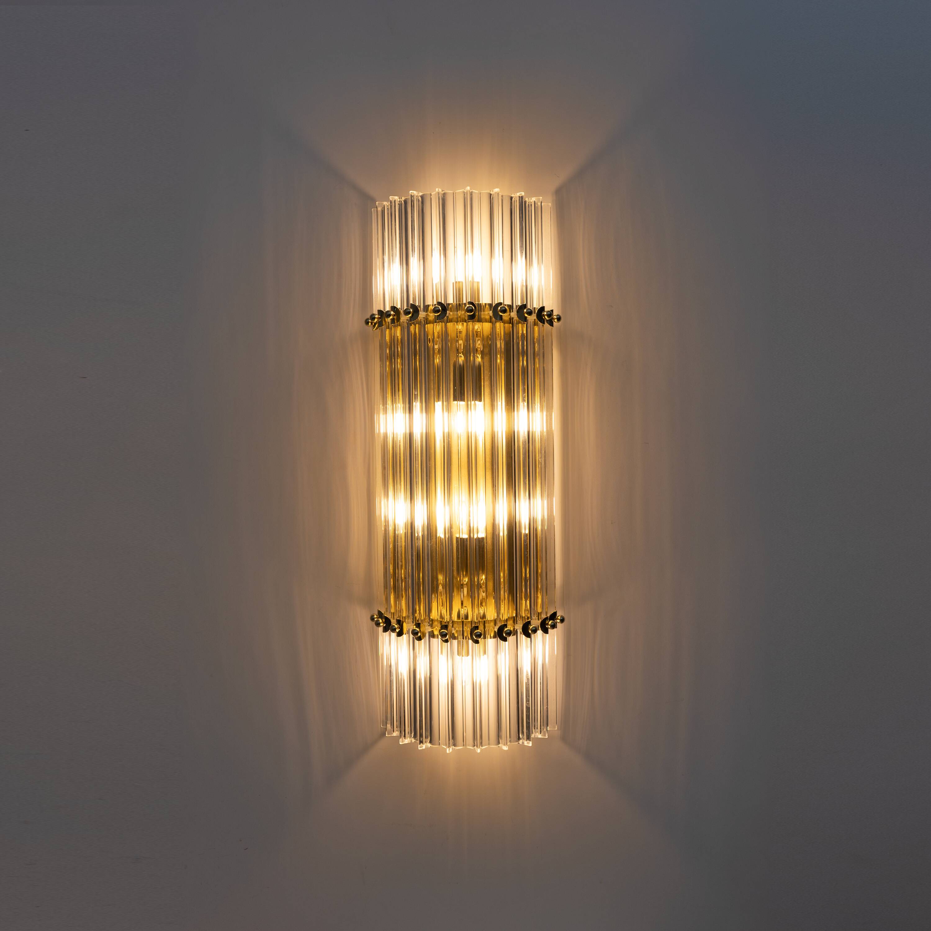 Pair of Venini Style Mid-Century Brass and Murano Glass "Triedri" Sconces