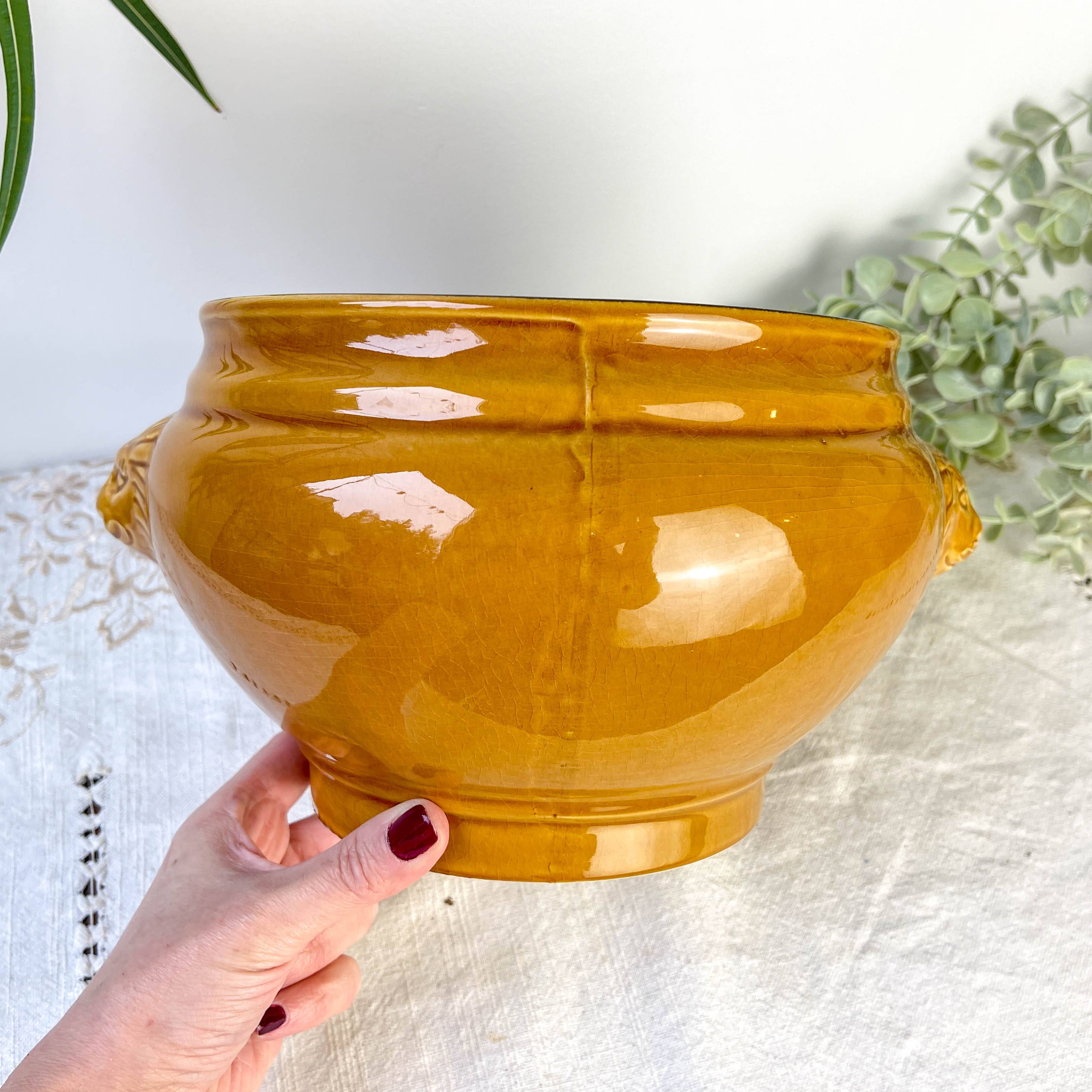 Vintage Ceramic Lion Head Soup Tureen - Honey, Made in France