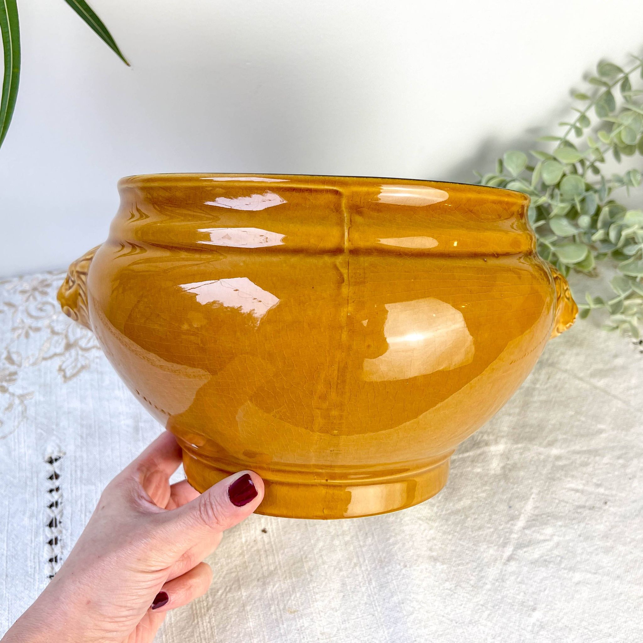 Vintage Ceramic Lion Head Soup Tureen - Honey, Made in France