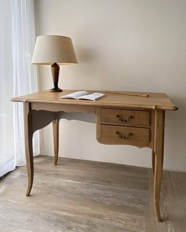 Antique 2-drawer desk in raw wood and beige, renovated.