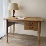 Antique 2-drawer desk in raw wood and beige, renovated.