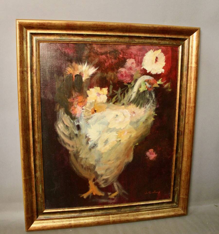 Oil on canvas with chicken and flowers decoration