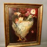 Oil on canvas with chicken and flowers decoration