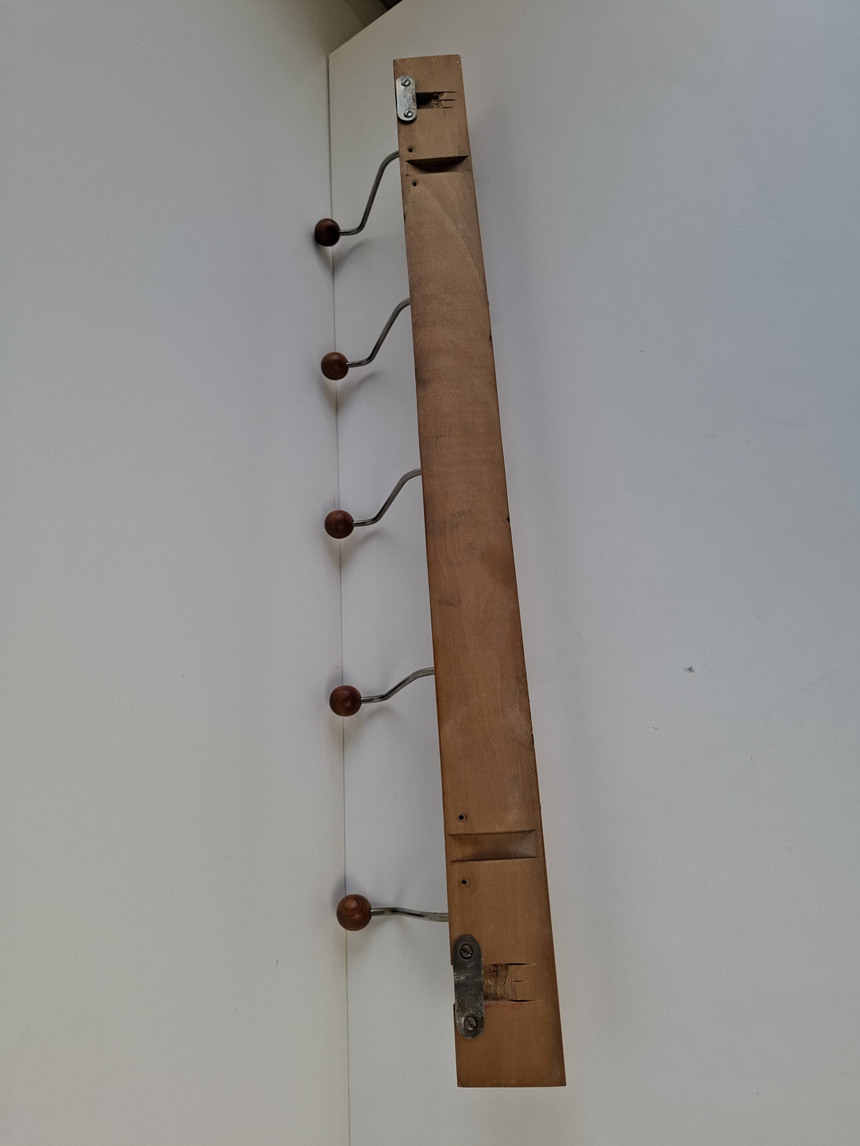 Czechoslovak Midcentury Wooden and Metal Wall Coat Rack, 1960s