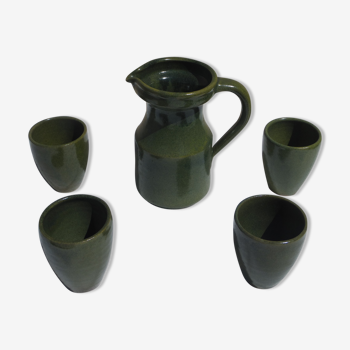 Green pitcher and 4 cups assorted terra cotta