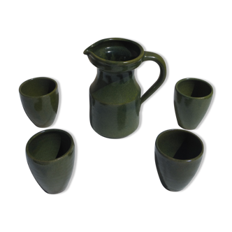 Green pitcher and 4 cups assorted terra cotta