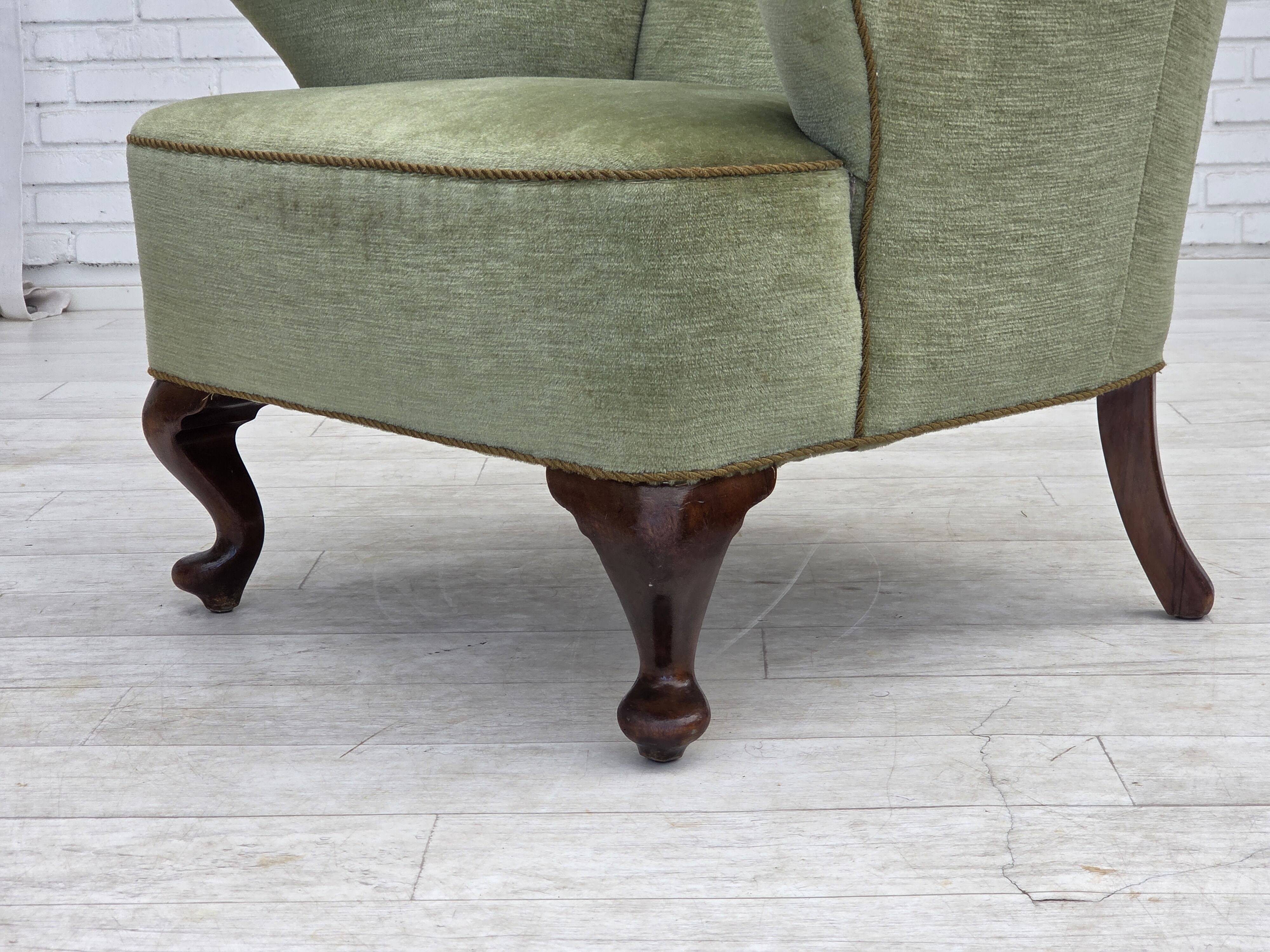 1960s, Scandinavian armchair, green furniture velour, oak wood legs.
