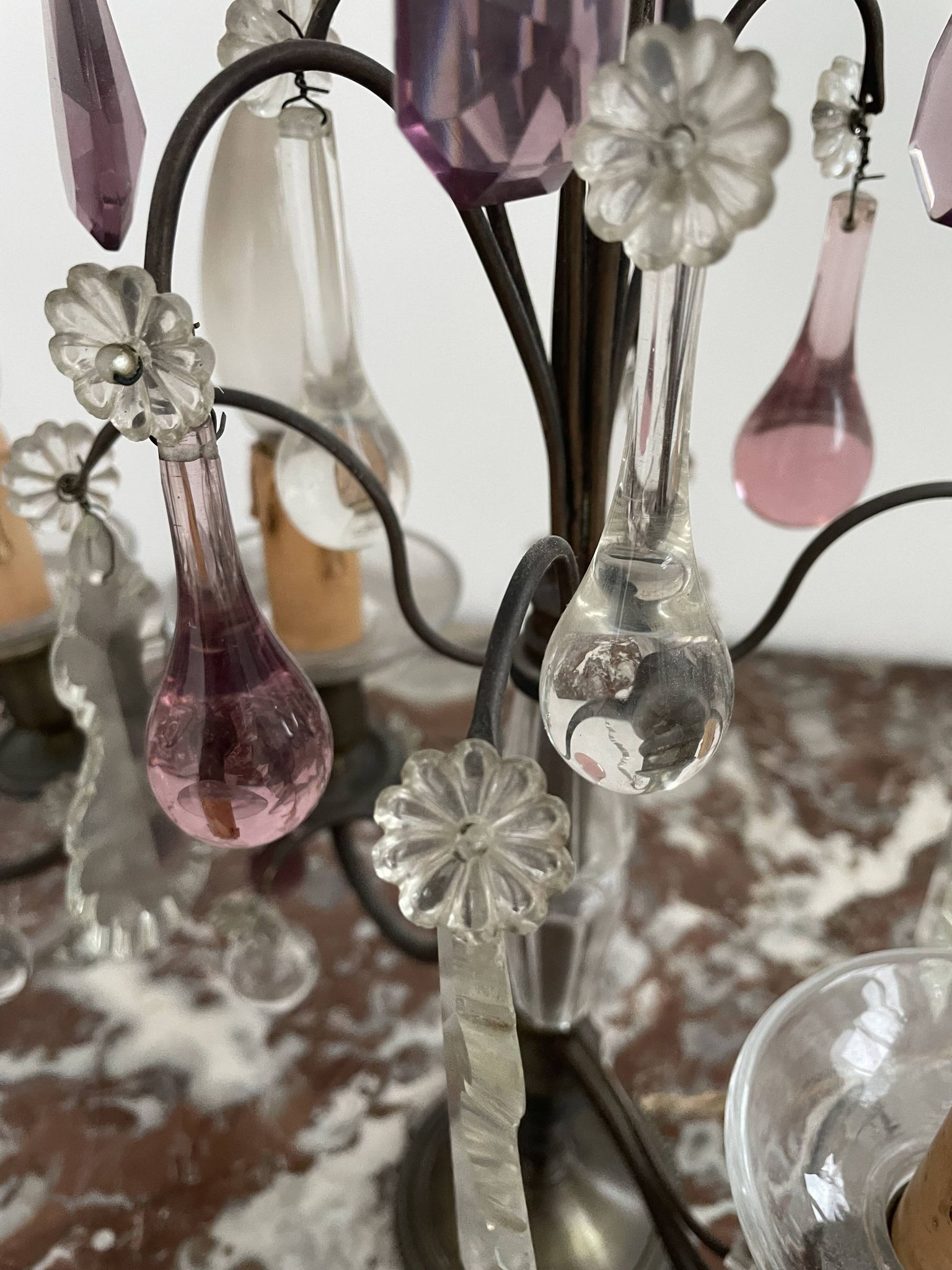 pair of chandeliers, lamp, silver-plated metal, crystal, tassels, florets, pendant, rosettes