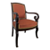 Restoration armchair in mahogany with cross arms and orange fabric.