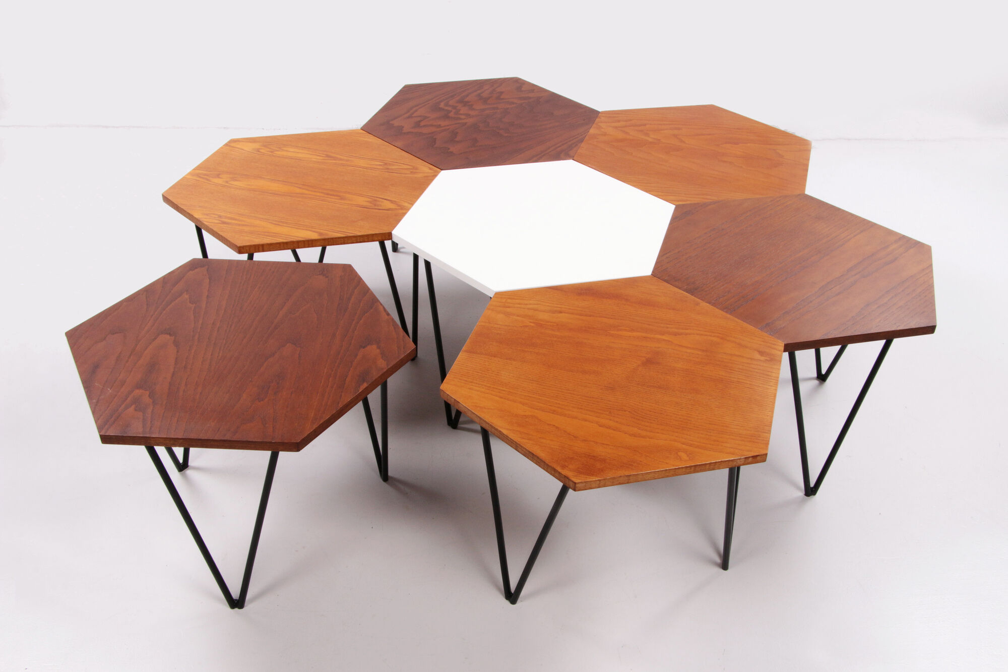Gio Ponti Set of 7 hexagonal coffee table by ISA Bergamo, 1950 Italy.