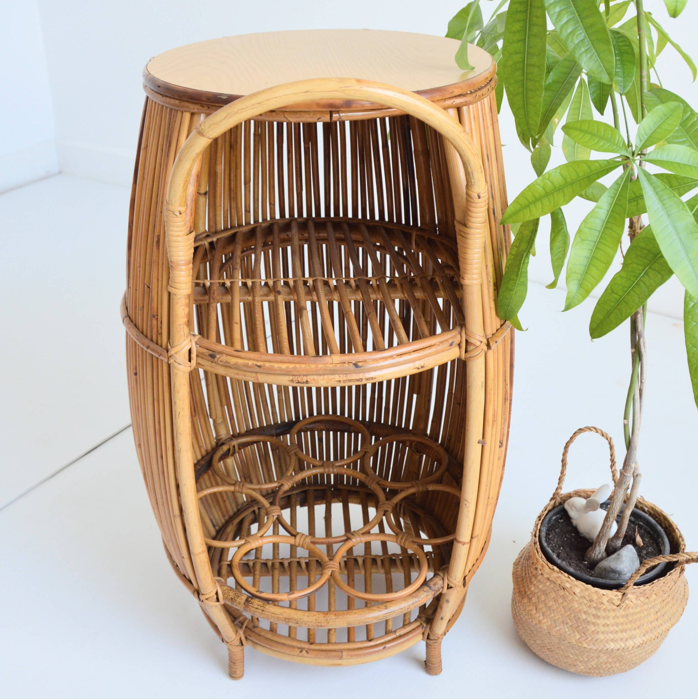 Small barrel-shaped bar cabinet in bamboo and rattan, Italy, 1960s
