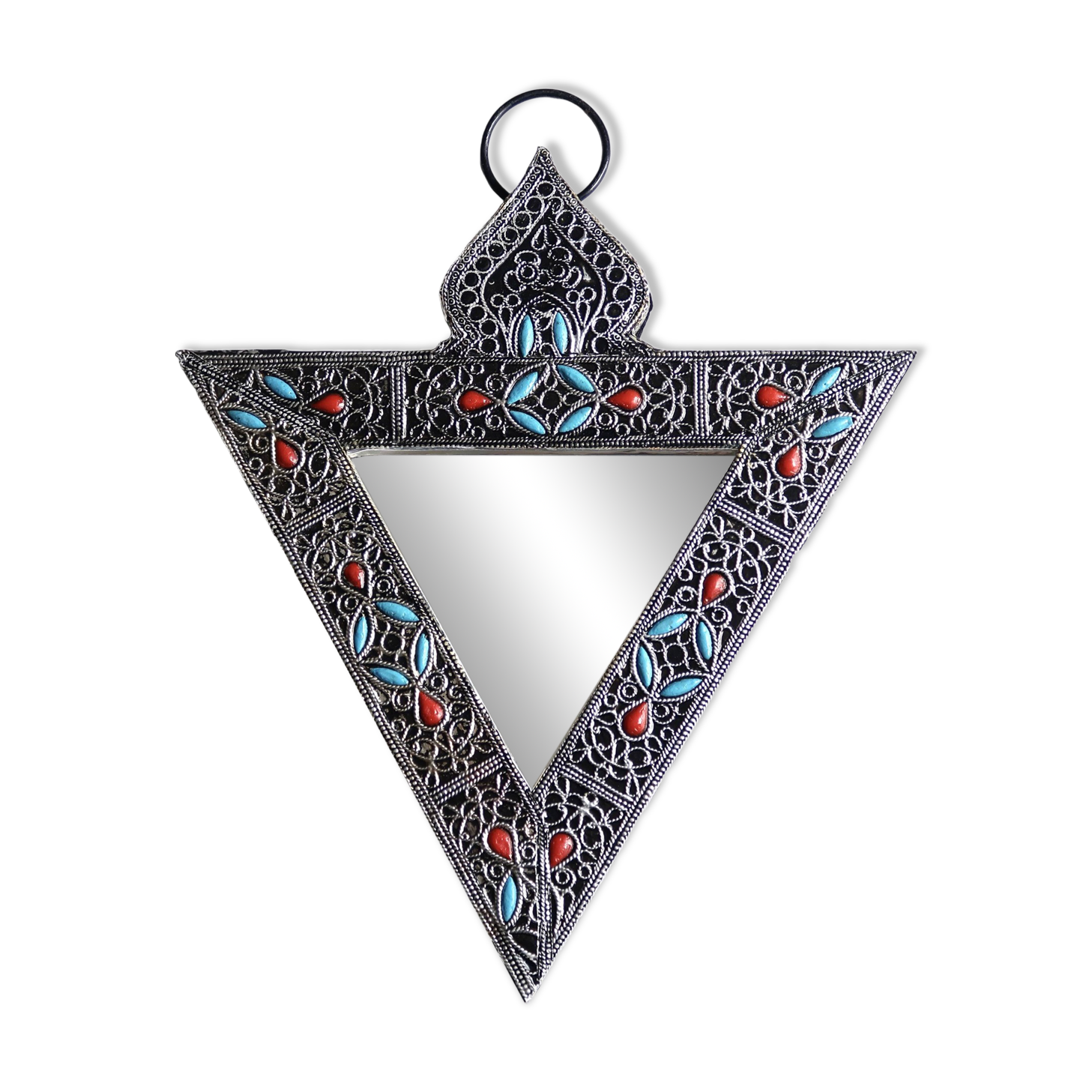 Triangular mirror in silver metal and pearls, 80s