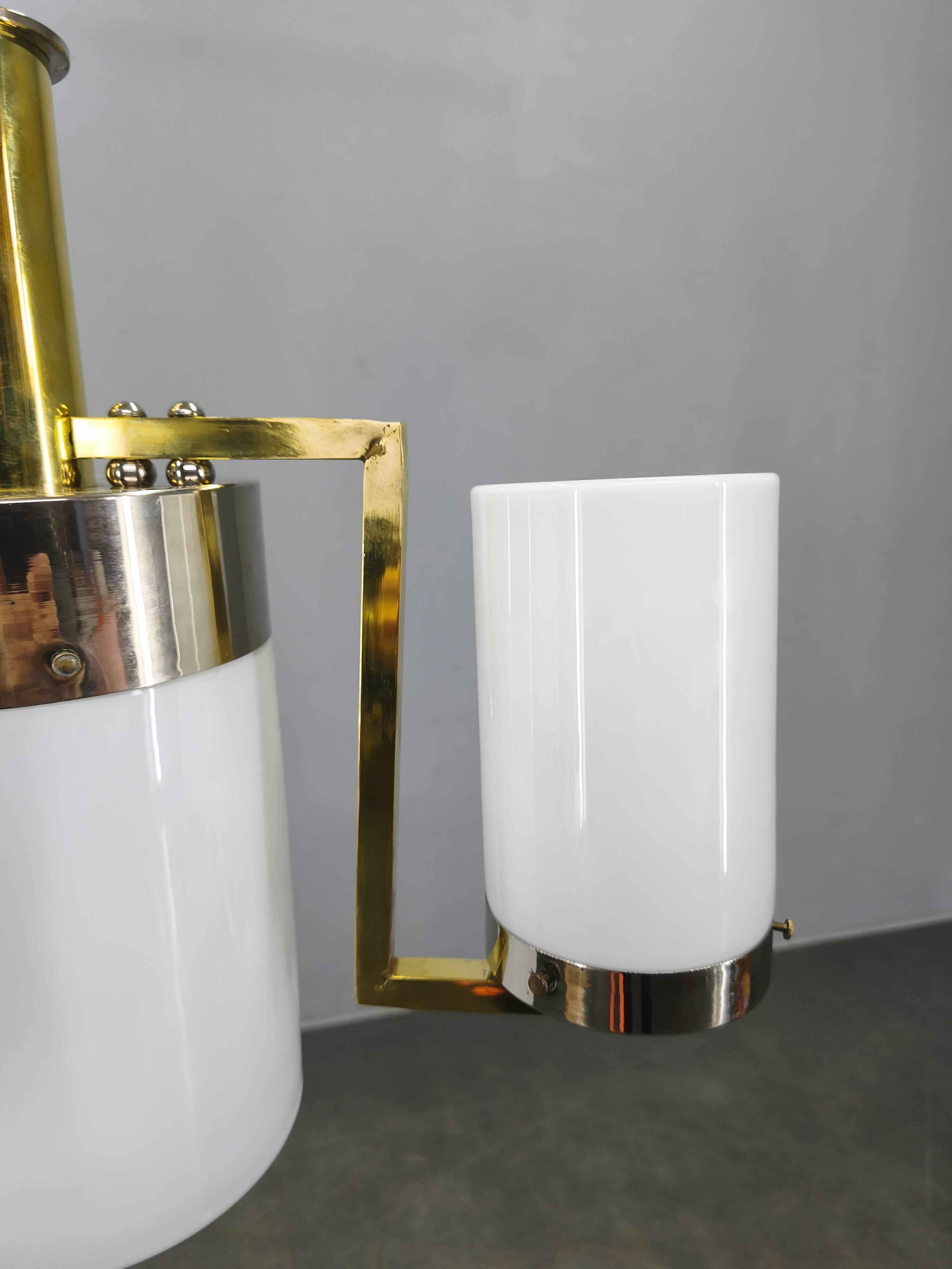 Czechoslovak Art Deco Chandelier in Brass and Chrome with Opaline Glass, 1930s