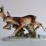 Vintage Porcelain Sculpture Roe Deer and Doe, by Royal Dux, 1960's.