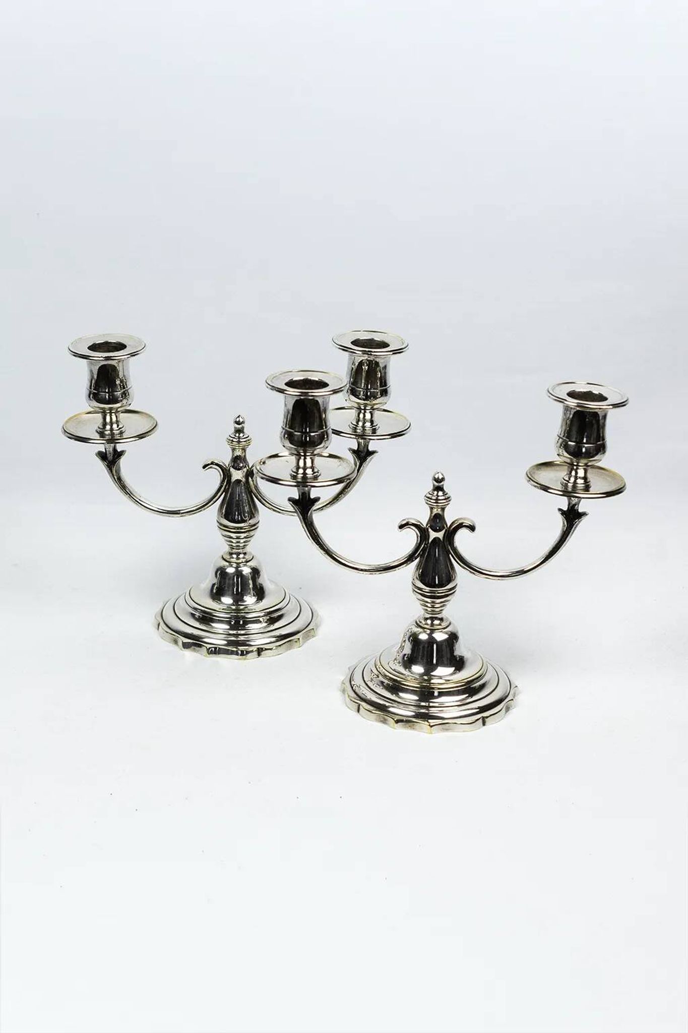 Pair of candlesticks | antique two-armed candelabra in silver-plated metal